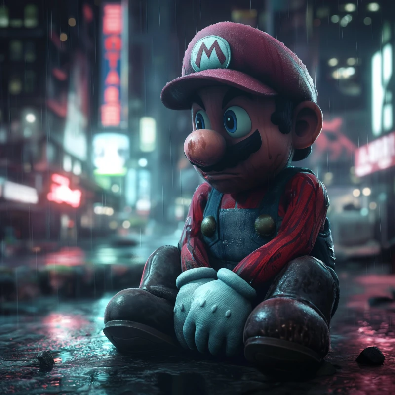 Mario giving a thumbs up in a cyberpunk world