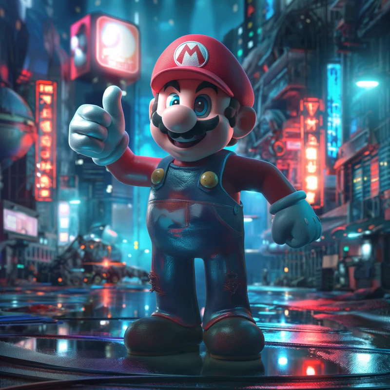 Mario giving a thumbs up in a cyberpunk world