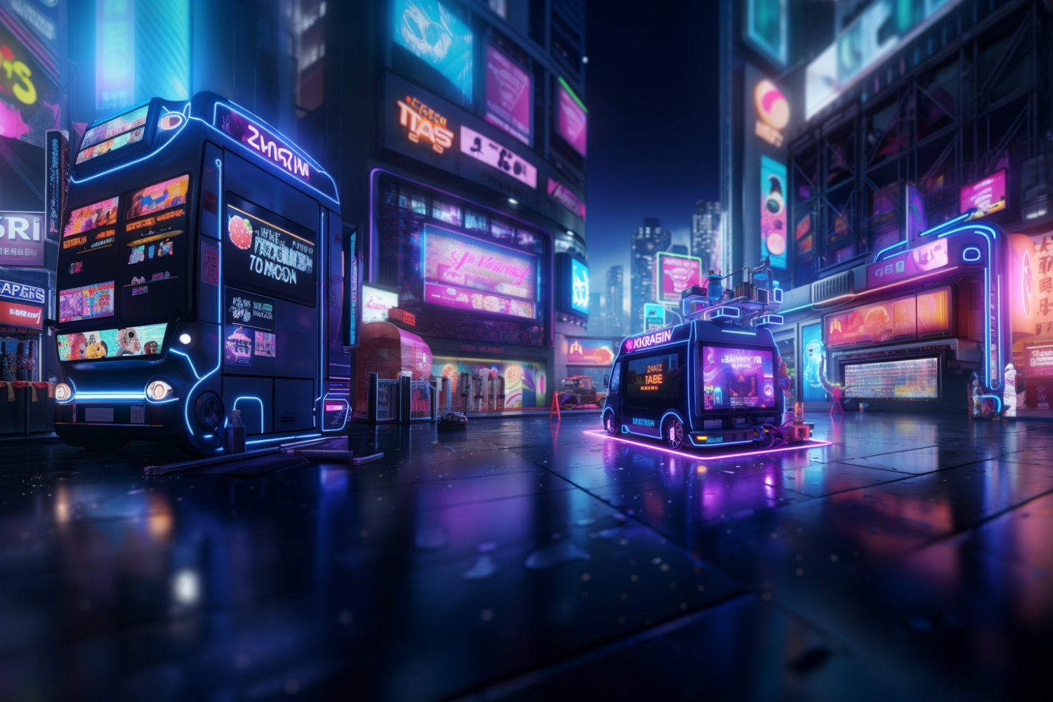 AI-generated image of a gaming van in a cyberpunk setting